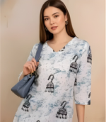 Women Printed Viscose Rayon Straight Kurta (White, Blue) - Image 4
