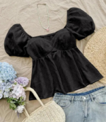 Casual Puff Sleeves Solid Women Black Top