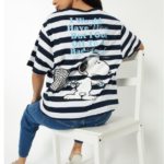 Women Striped Snoopy Print Oversized T-shirt