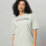 Women Printed Boat Neck Cotton Blend Grey T-Shirt