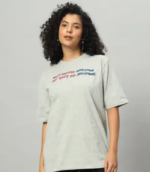 Women Printed Boat Neck Cotton Blend Grey T-Shirt