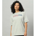 Women Printed Boat Neck Cotton Blend Grey T-Shirt - Image 2
