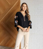 Casual Regular Sleeves Embroidered Women Black Top - Image 2