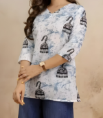 Women Printed Viscose Rayon Straight Kurta (White, Blue) - Image 2