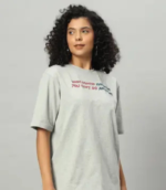 Women Printed Boat Neck Cotton Blend Grey T-Shirt - Image 3