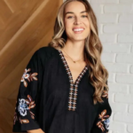 Casual Regular Sleeves Embroidered Women Black Top