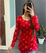 Casual Regular Sleeves Printed Women Red Kurti Top