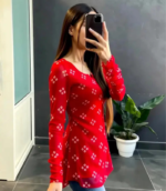 Casual Regular Sleeves Printed Women Red Kurti Top - Image 2