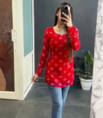 Casual Regular Sleeves Printed Women Red Kurti Top - Image 3