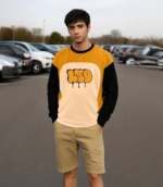 LEOTUDE Oversized Full Sleeve Cottonblend Graphic Printed Round Neck Drop Shoulder Tshirt for Man (Color Mustard) - Image 4