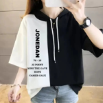 Women Colorblock, Typography Hooded Neck Cotton Blend Black T-Shirt