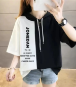 Women Colorblock, Typography Hooded Neck Cotton Blend Black T-Shirt