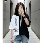 Women Colorblock, Typography Hooded Neck Cotton Blend Black T-Shirt - Image 2