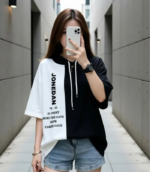 Women Colorblock, Typography Hooded Neck Cotton Blend Black T-Shirt - Image 2