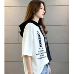 Women Colorblock, Typography Hooded Neck Cotton Blend Black T-Shirt - Image 3