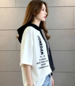 Women Colorblock, Typography Hooded Neck Cotton Blend Black T-Shirt - Image 3