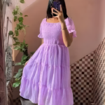 Fancy Stylish Butta Lavender Smocking Dress