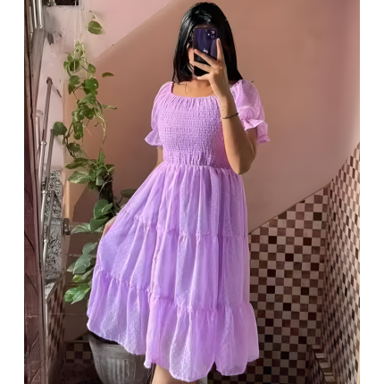 Fancy Stylish Butta Lavender Smocking Dress