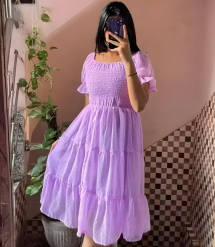 Fancy Stylish Butta Lavender Smocking Dress