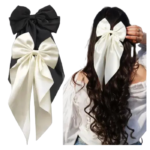 ChicTresses Black & Off White, Hair Bows For Women, Bow Clips, Luxury Satin Hair Bow Clips hair combo (Black, White)