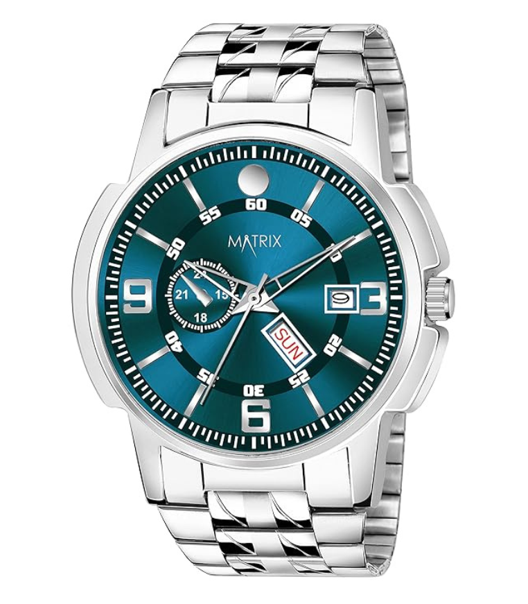 1 Matrix Black, Blue, White Dial, Day & Date Functioning, Stainless Steel Strap Analog Watch for Men & Women - Image 1