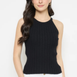 Black Viscose Blend Halter Neck Knitted Top