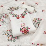 White Floral Sequins Embroidered Chanderi Dress Material