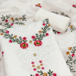 White Floral Sequins Embroidered Chanderi Dress Material - Image 2