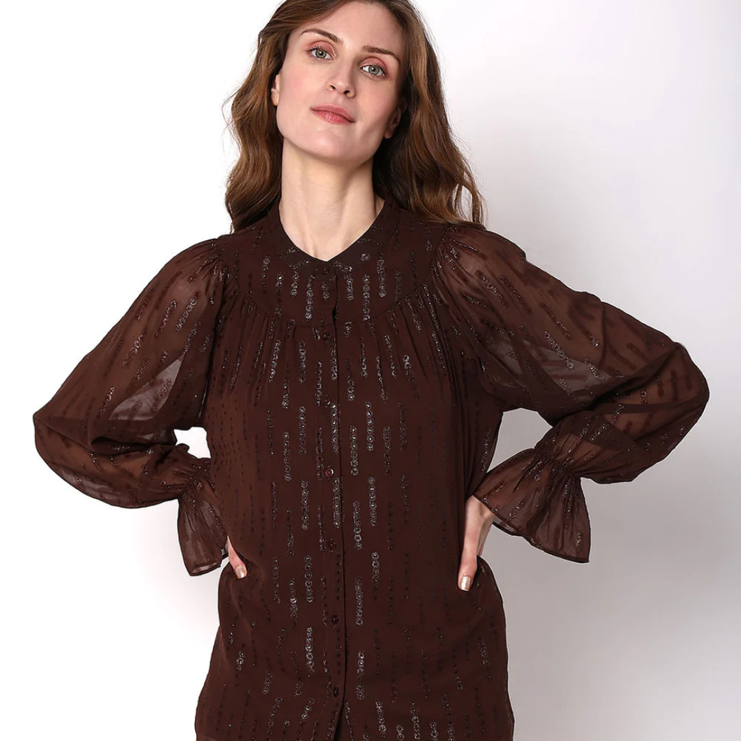 15.png Dark Brown Lurex Sheer Sleeves Top - Image 1