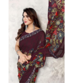 Yashika Women's Printed Trendy Georgette Brown Color Saree With Blouse Material - Image 3