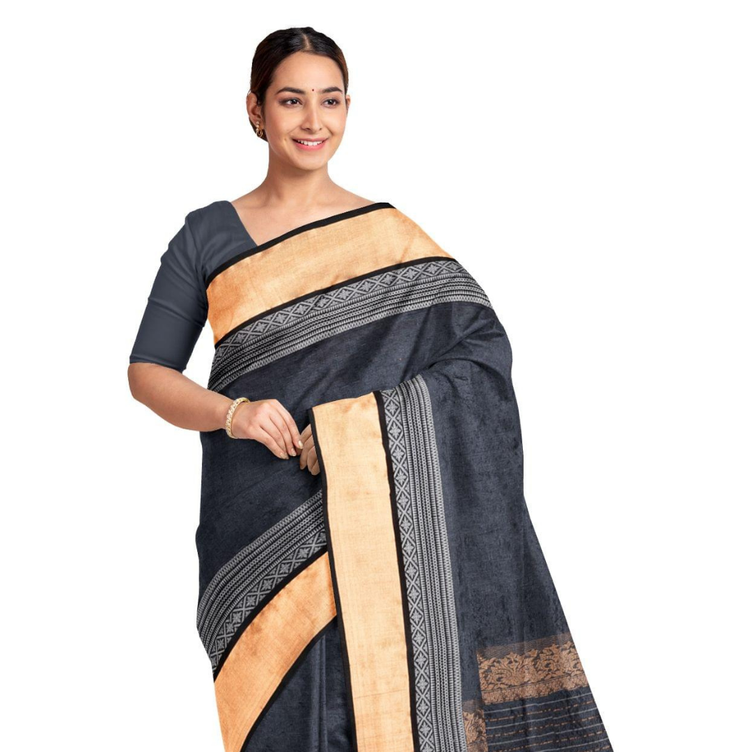41-3.png Handwoven Tussar Silk Jaquard Saree – Black - Image 1