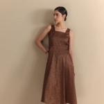 Abstract Print Midi Dress – Brown