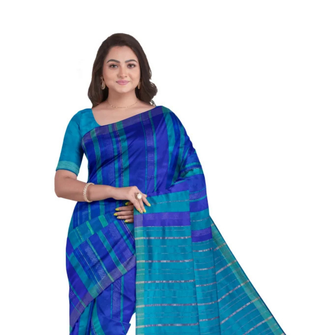79-1.png Handwoven Tangail Silk Saree with Zari – Royal Blue - Image 1