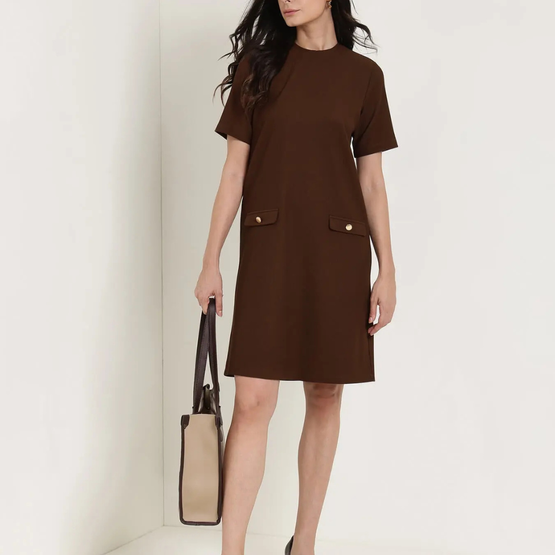 9-4.png Round Neck Shift Dress – Brown - Image 1
