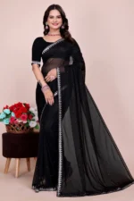 Embellished Saree With Unstitched Blouse Piece ( Black )