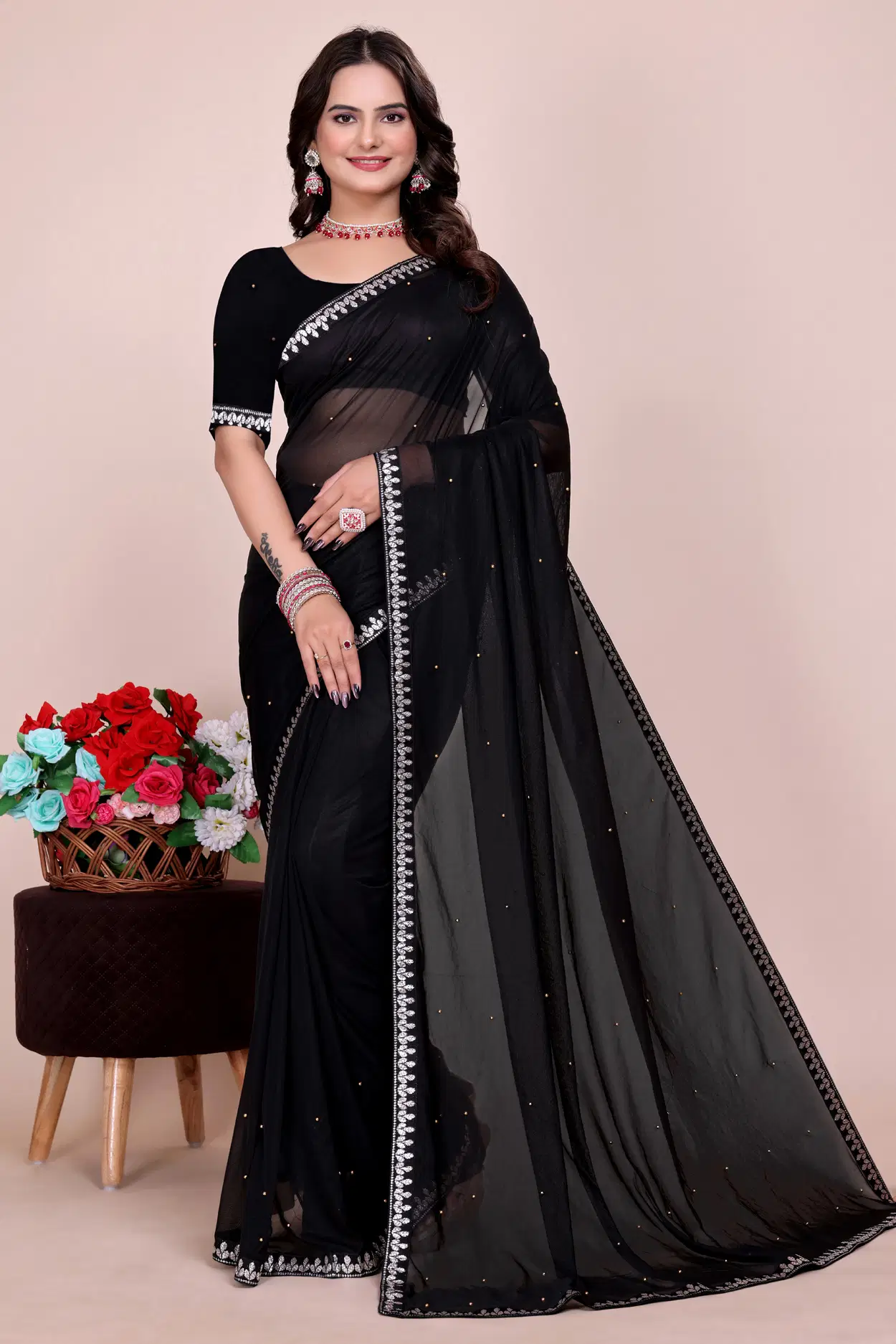 Saadhvi-Net-Embellished-Chanderi-saree-SDL479984221-1-878ff.webp Saadhvi Lycra Embellished Saree With Unstitched Blouse Piece ( Black ) - Image 1