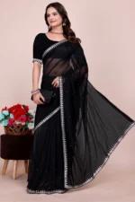 Embellished Saree With Unstitched Blouse Piece ( Black ) - Image 4